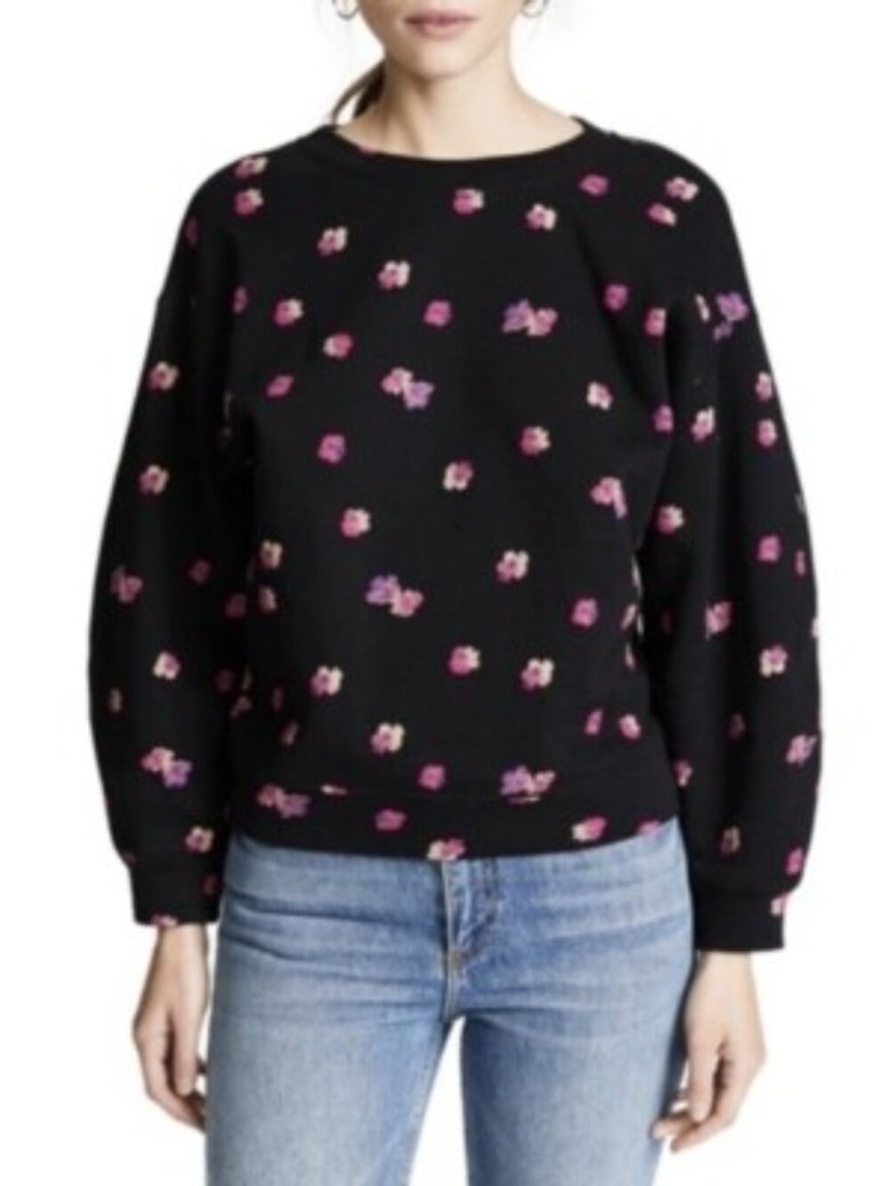 Rebecca Taylor Floriana Black & Pink Floral Crewneck Sweatshirt Cotton Small